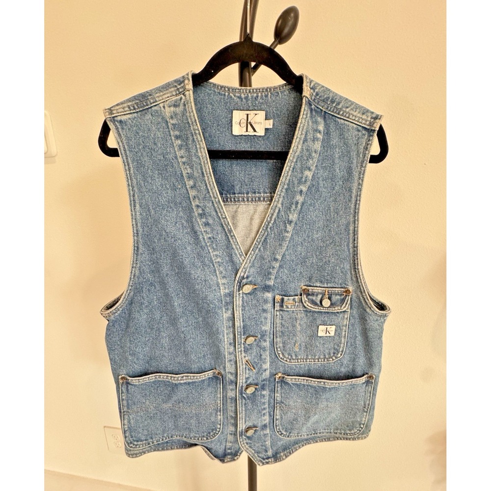 90s Calvin Klein CK Jeans Denim Button Vest Unisex Leather Patch Sz L Vintage - Picture 2 of 8